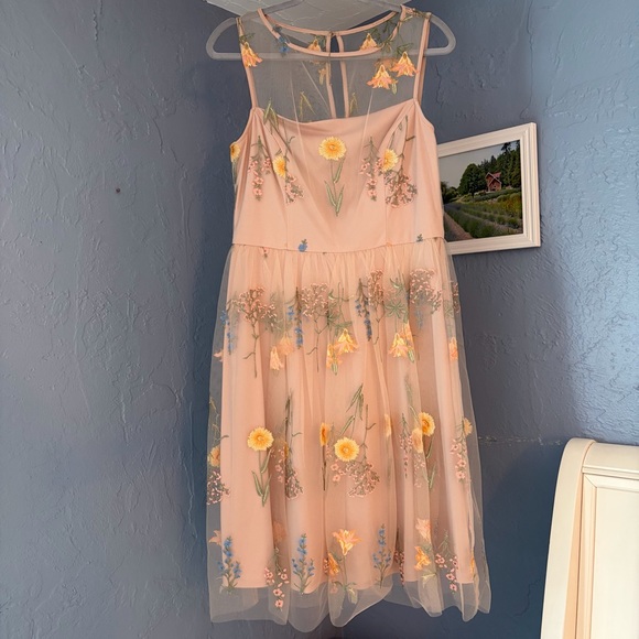 Jessica Howard Dresses & Skirts - Jessica Howard Peach Midi Dress with Yellow Floral Embroidery, size 10